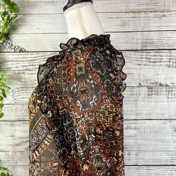Miss Me Blouse Tunic size Small Black Brown Retro Sheer Ruffles Boho Peasant - Picture 10 of 13